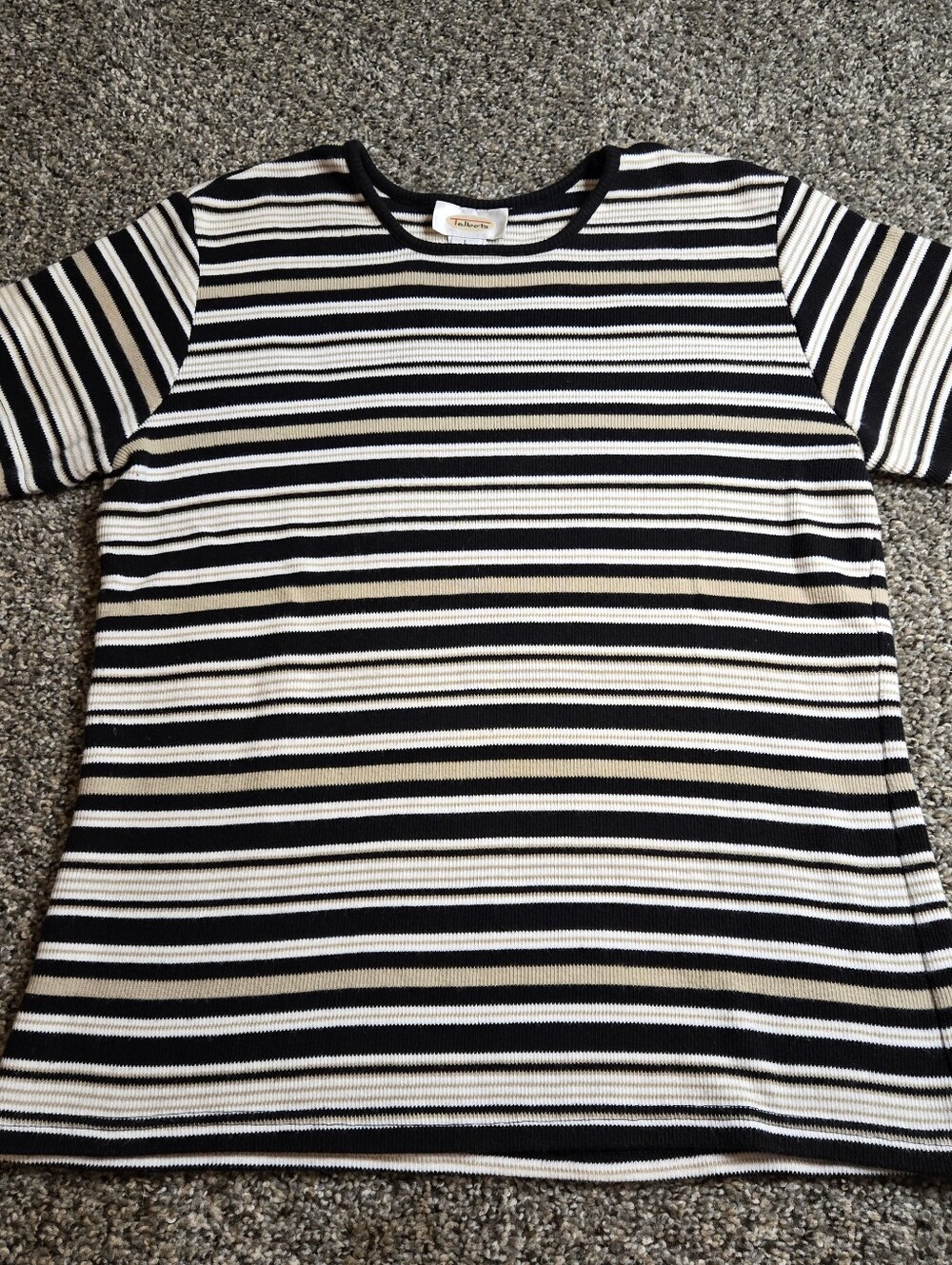 Vintage Talbots Striped Short Sleeve Top Brown Cream Black 100% Cotton Womens LG